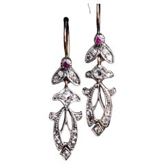 Antique Art Nouveau Arts & Crafts Rose Cut Diamond and Ruby Chandelier Earrings