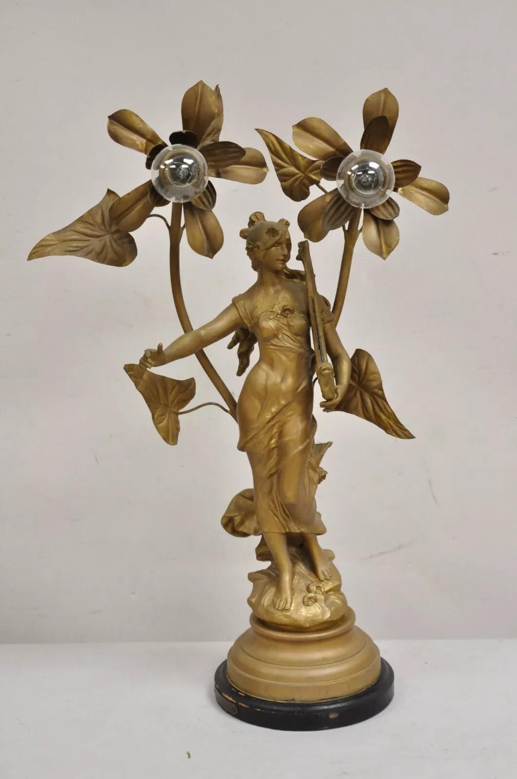 Antike Jugendstil-Tischlampe Auguste Moreau „La Musique“ aus Gold und Metall mit Figuren im Angebot 6