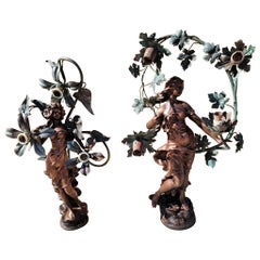 Lampade in spelta "Nuit De Printemps" di Auguste Moreau, antica arte liberty