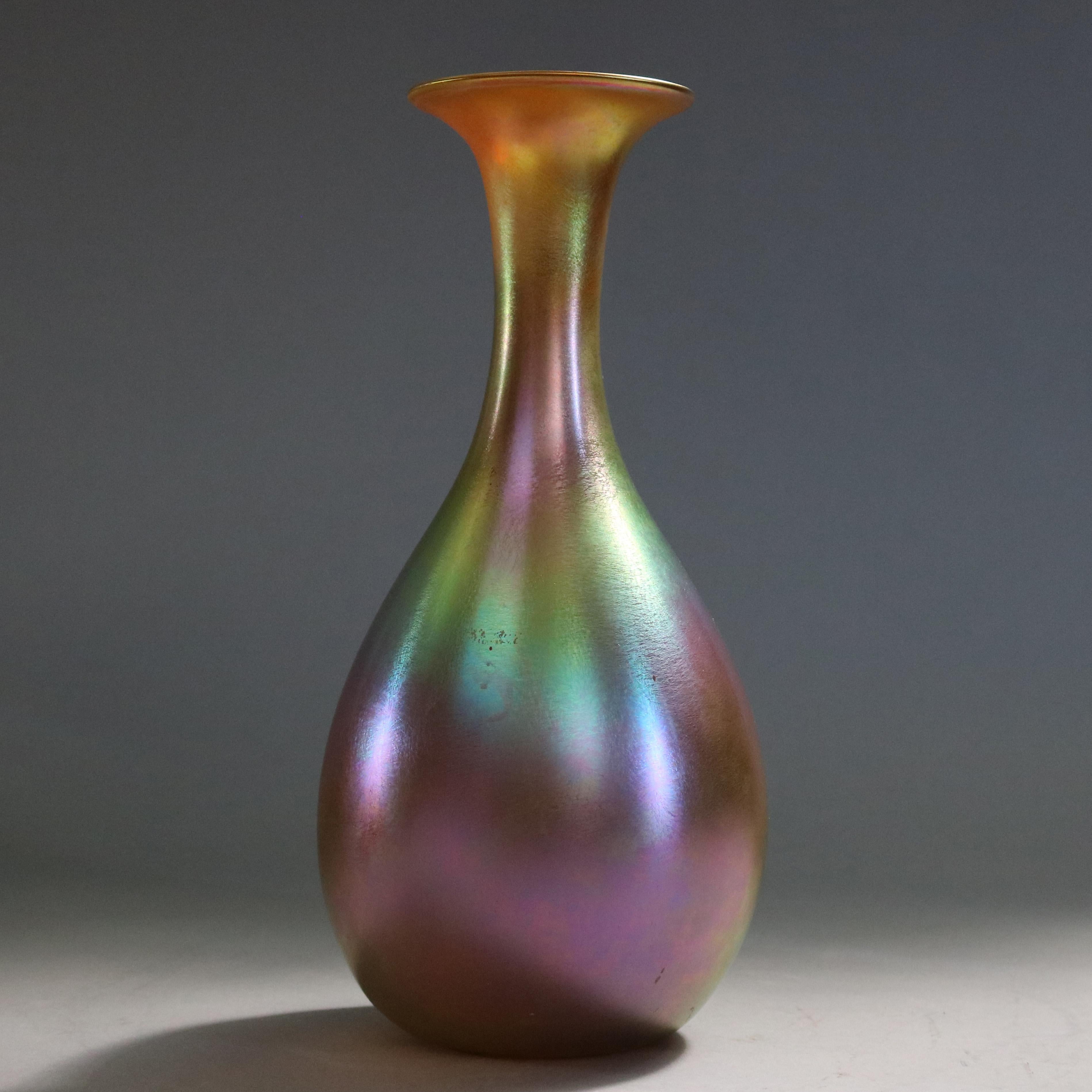 Hand-Crafted Oversized Antique Art Nouveau Aurene Art Glass Vase, Signed Quezal, c1900