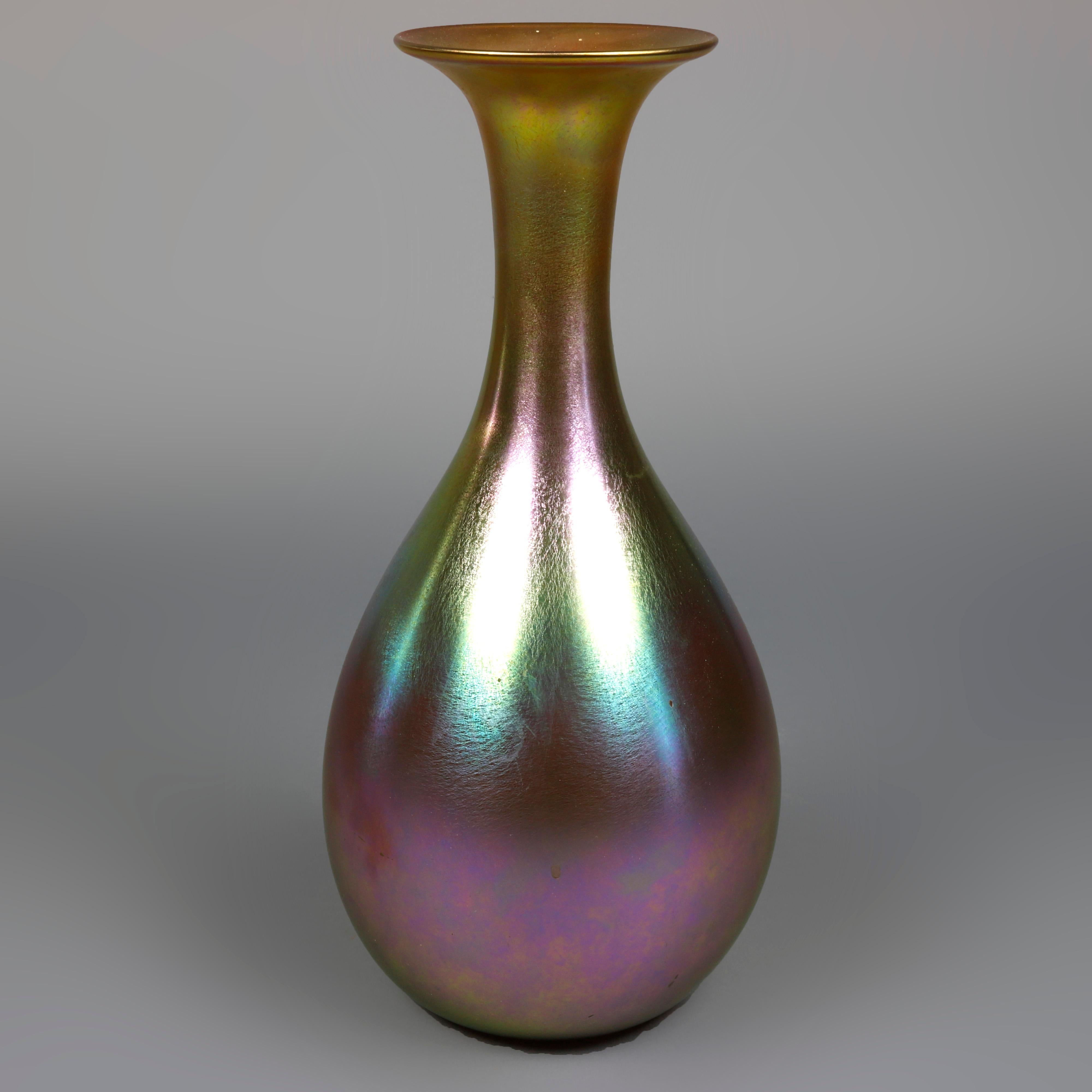 20th Century Oversized Antique Art Nouveau Aurene Art Glass Vase, Signed Quezal, c1900