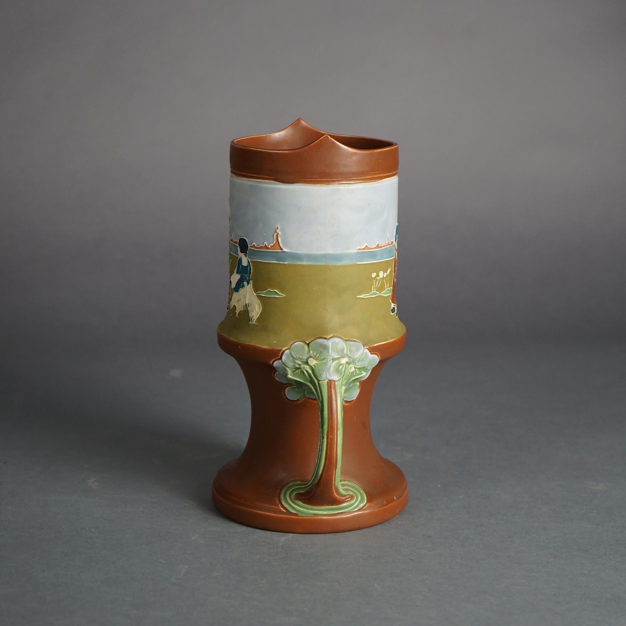 20th Century Antique Art Nouveau Austrian Amphora Embossed Figural Pottery Vase C1910 For Sale