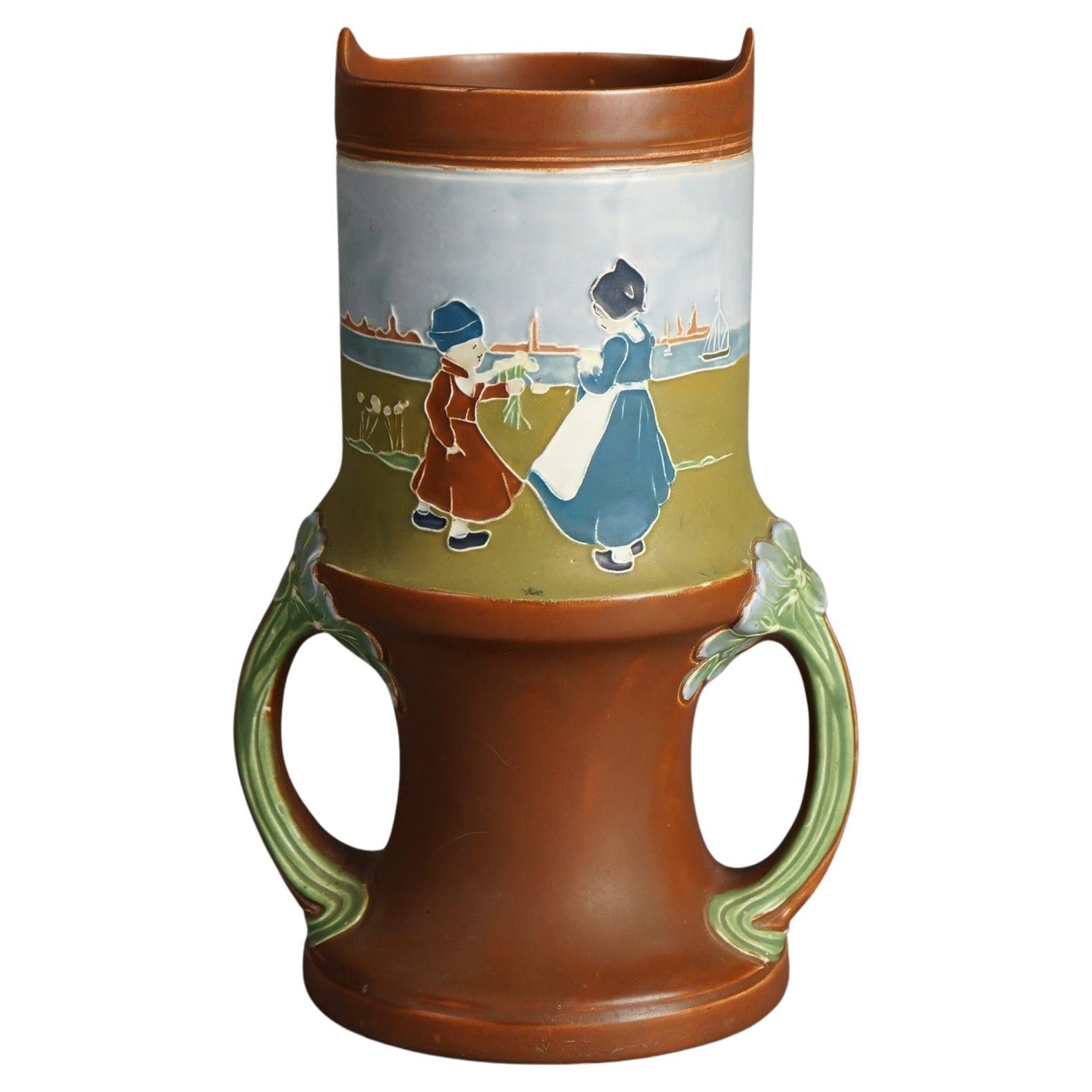 Antique Art Nouveau Austrian Amphora Embossed Figural Pottery Vase C1910 For Sale