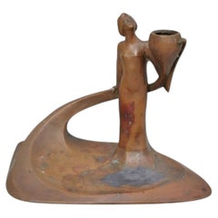 Antique Art Nouveau Austrian Bronze Woman Figural Sculpture Candlestick Holder