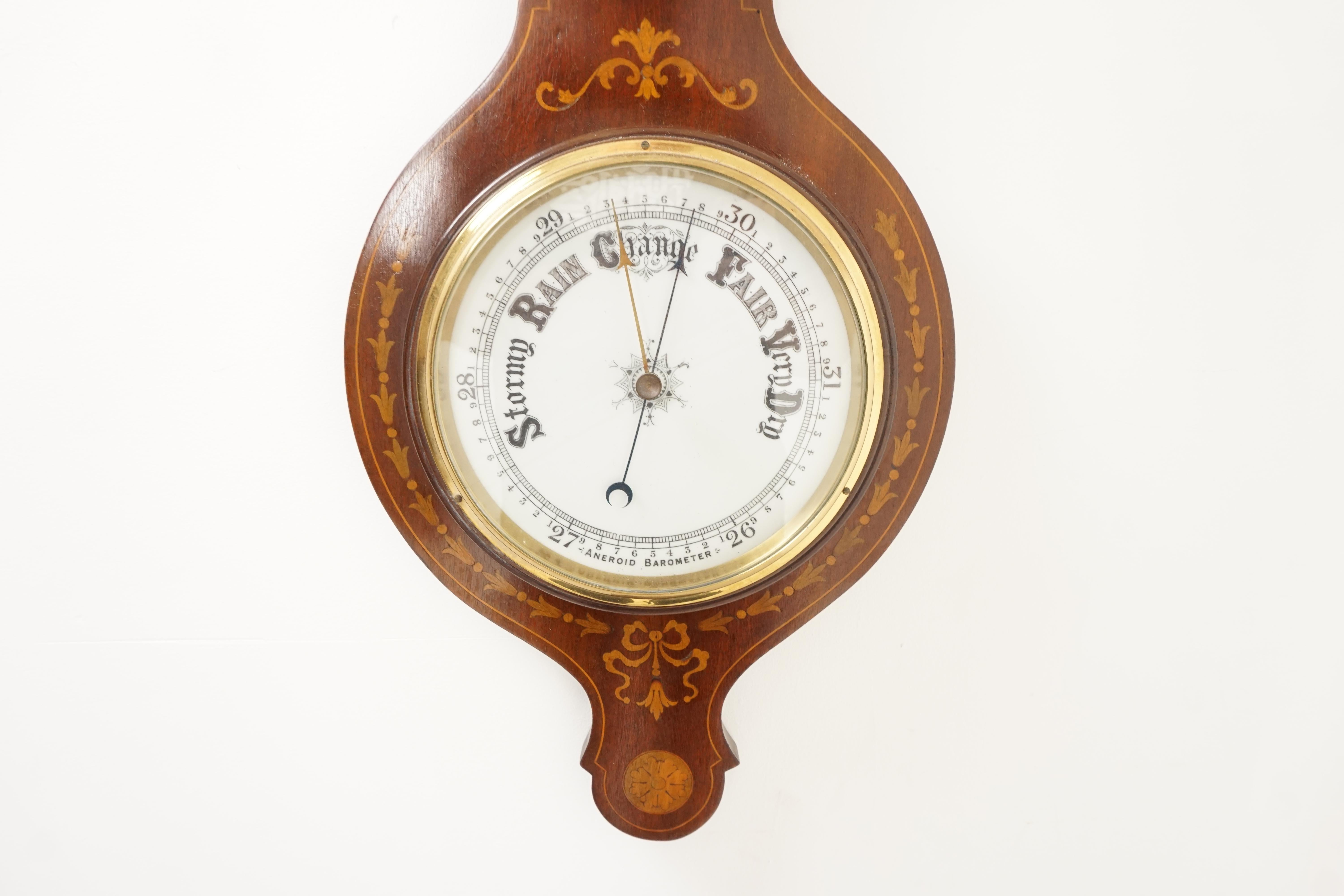 Antique Art Nouveau barometer, Sheraton inlaid aneroid barometer, Scotland 1910, H143

Scotland, 1910
Solid Walnut and veneer
The Walnut case is inlaid with exotic fruitwood
Porcelain dial and brass bezel surround
With matching encased thermometer