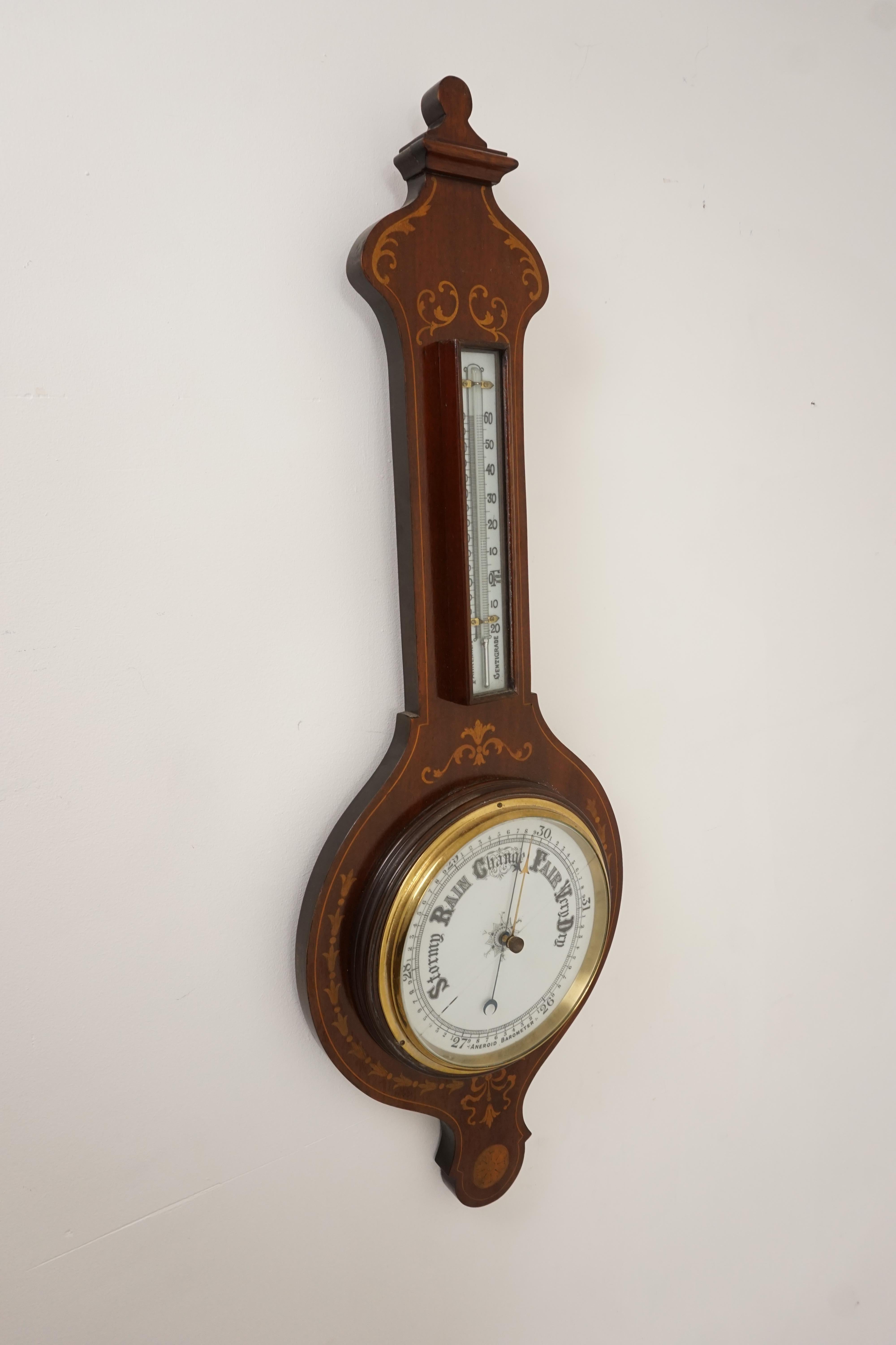 Antikes Jugendstil-Barometer mit Sheraton-Intarsien, Aneroid-Barometer, Schottland, 1910 (Handgefertigt) im Angebot