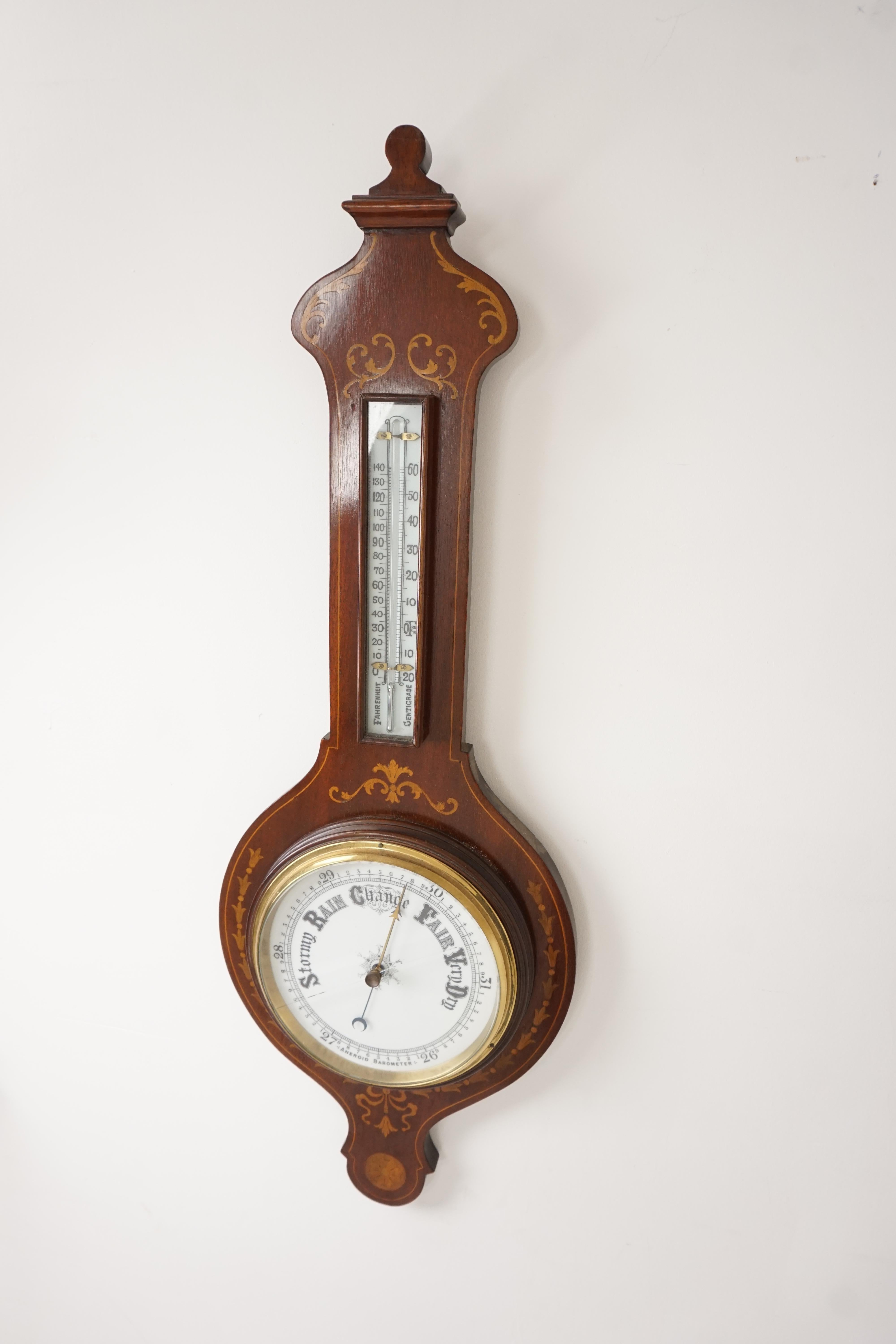 Hand-Crafted Antique Art Nouveau Barometer, Sheraton Inlaid Aneroid Barometer, Scotland, 1910 For Sale