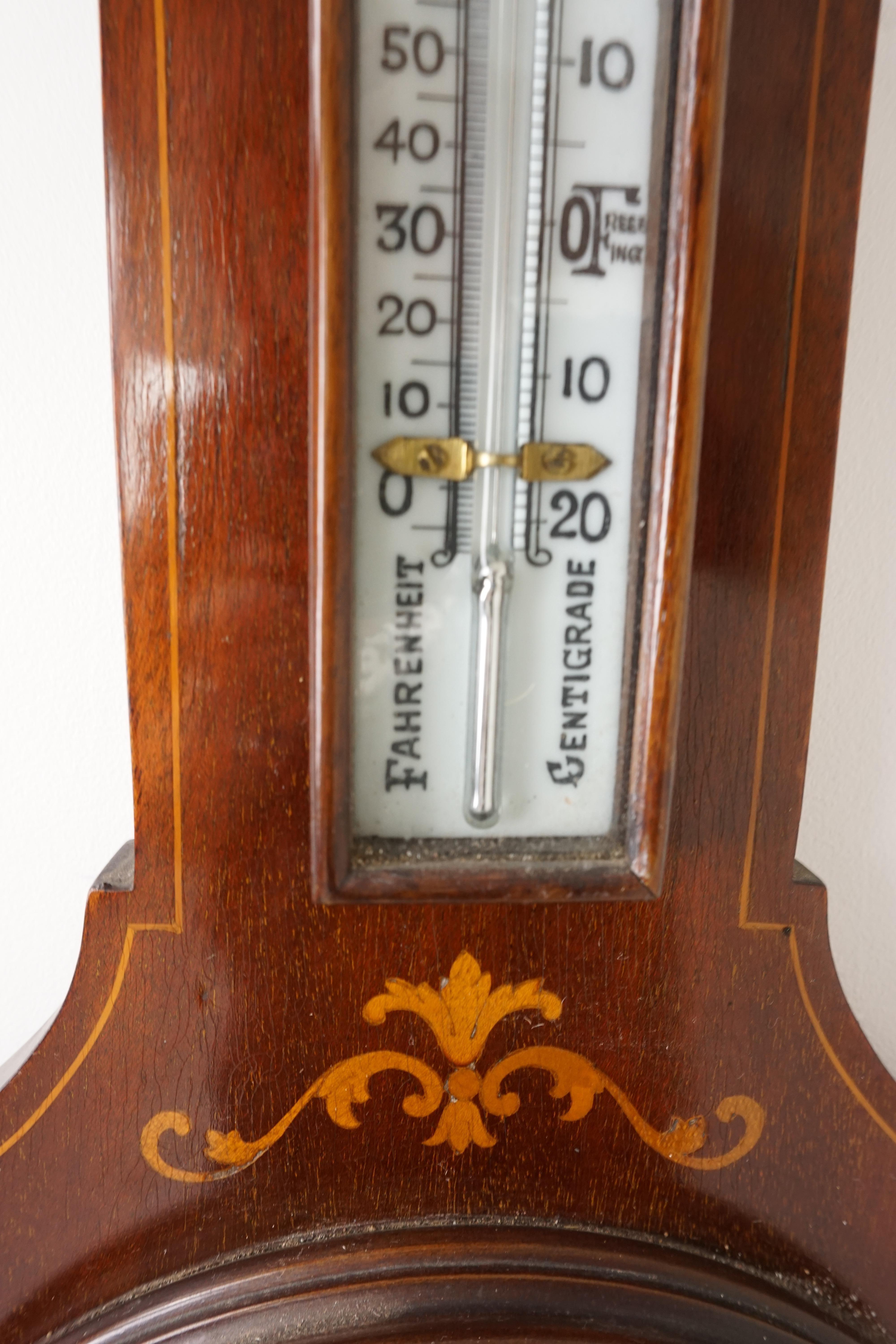 Antique Art Nouveau Barometer, Sheraton Inlaid Aneroid Barometer, Scotland, 1910 In Good Condition For Sale In Vancouver, BC