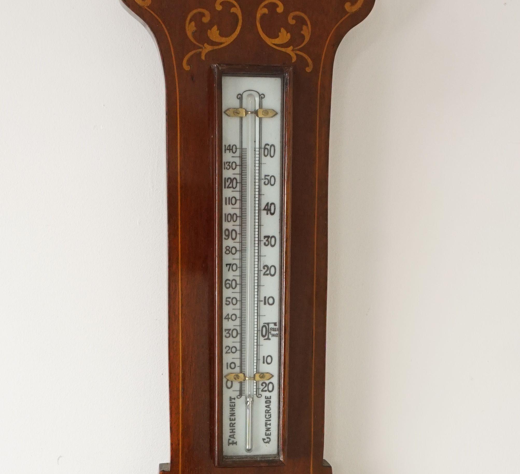 Walnut Antique Art Nouveau Barometer, Sheraton Inlaid Aneroid Barometer, Scotland, 1910 For Sale