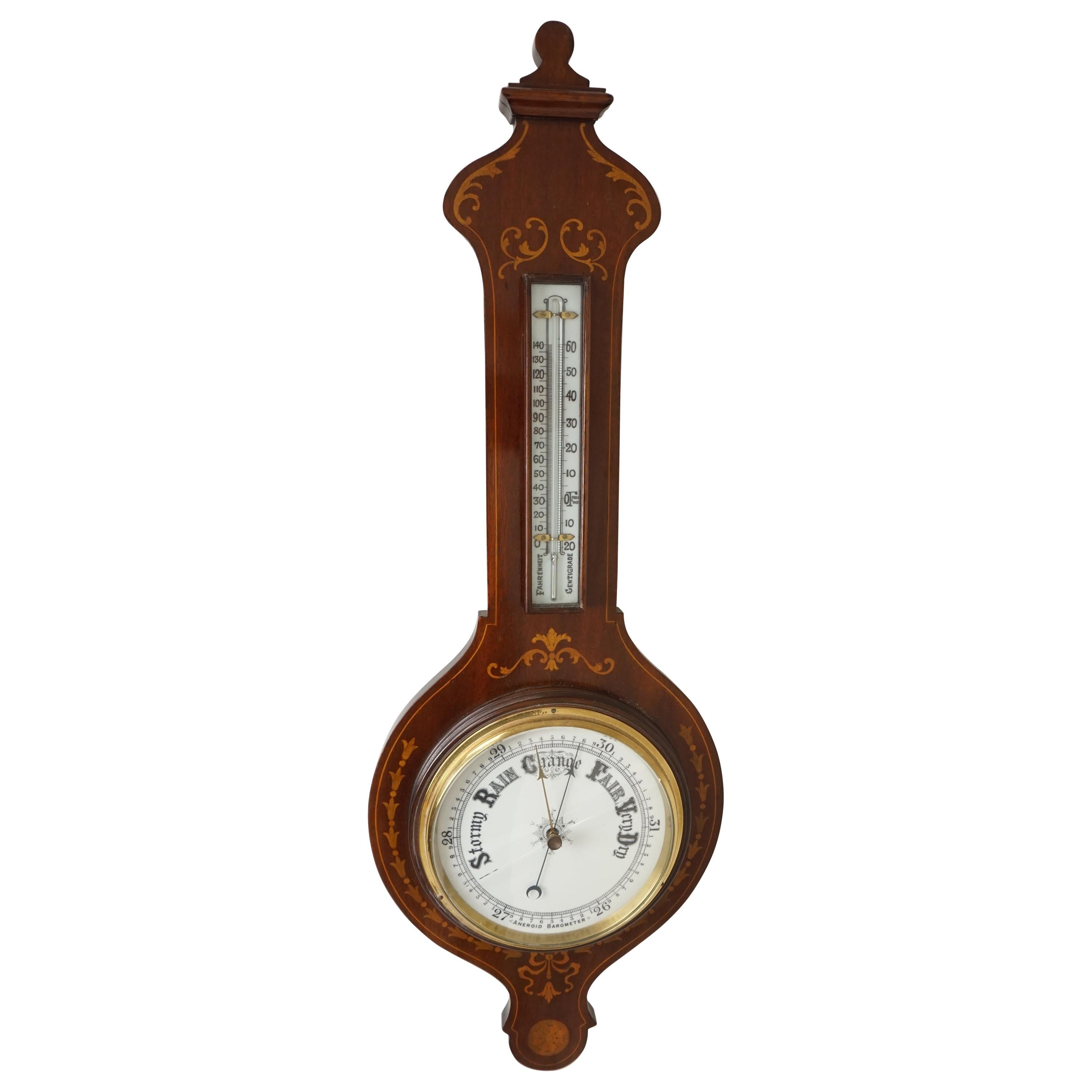 Antique Art Nouveau Barometer, Sheraton Inlaid Aneroid Barometer, Scotland, 1910