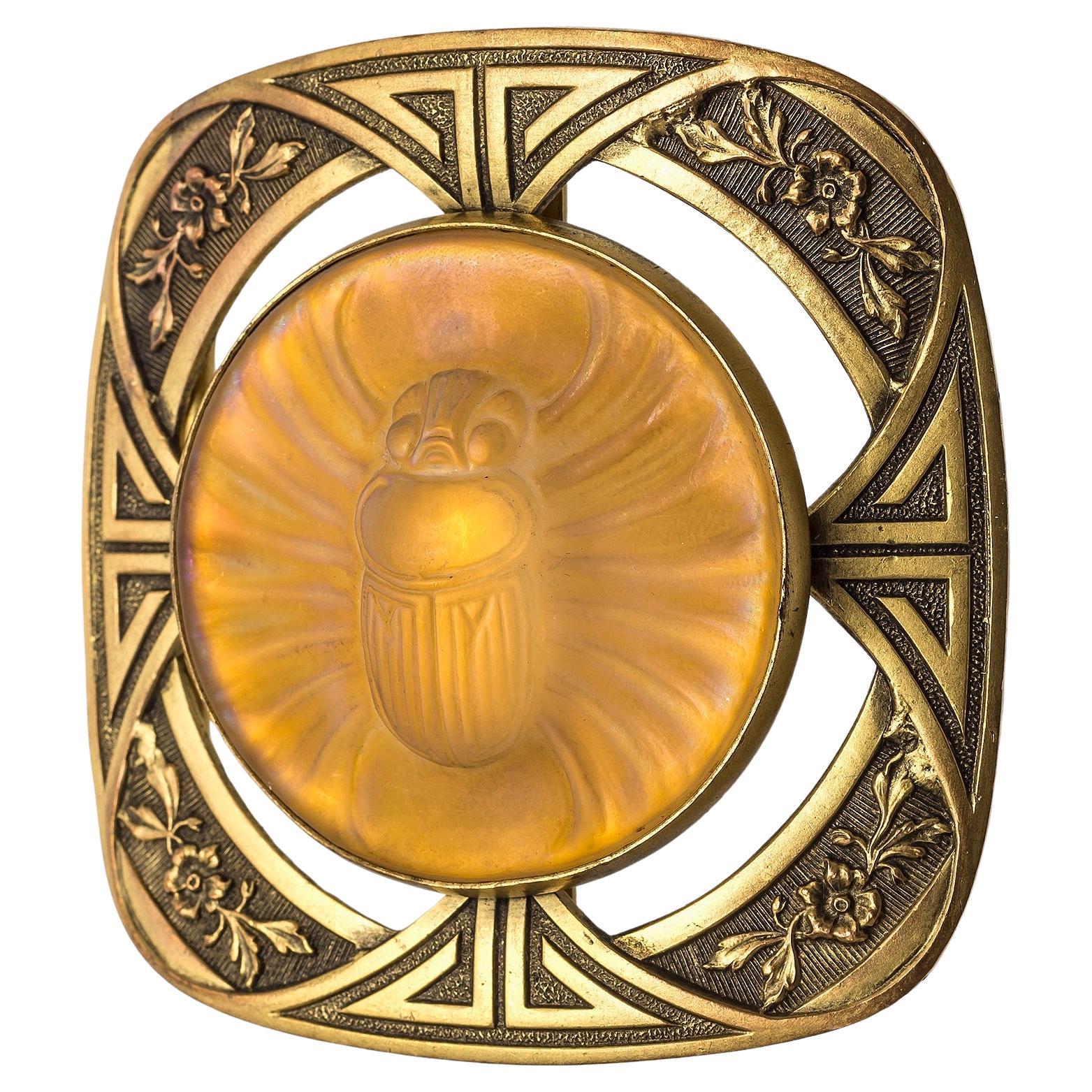 Antique Art Nouveau Belt Buckle Pâte de Verre Winged Scarab Moulded Glass Brass
