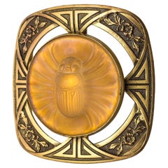 Antique Art Nouveau Belt Buckle Pâte de Verre Winged Scarab Moulded Glass Brass