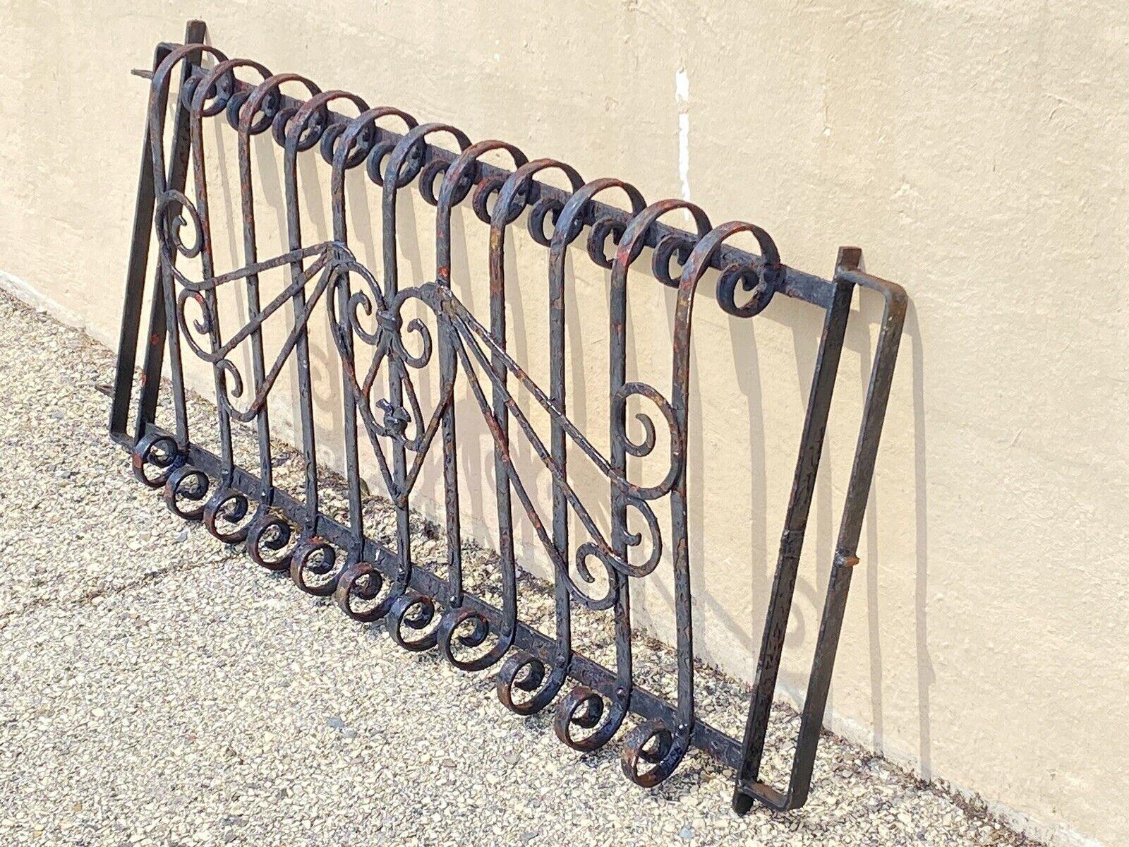 Antique Art Nouveau Black Wrought Iron Heart and Scroll 23x52 Garden Fence Gate. Item features wrought iron construction, distressed red painted accents, remarkable heart and scroll work design, very nice antique item, great style and form. Circa