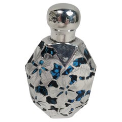 Antique Art Nouveau Blue Silver Overlay Lady’s Medicinal Flask