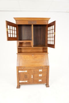 Antique Art Nouveau Bookcase, Tiger Oak Bureau Bookcase, Scotland 1910, B1802