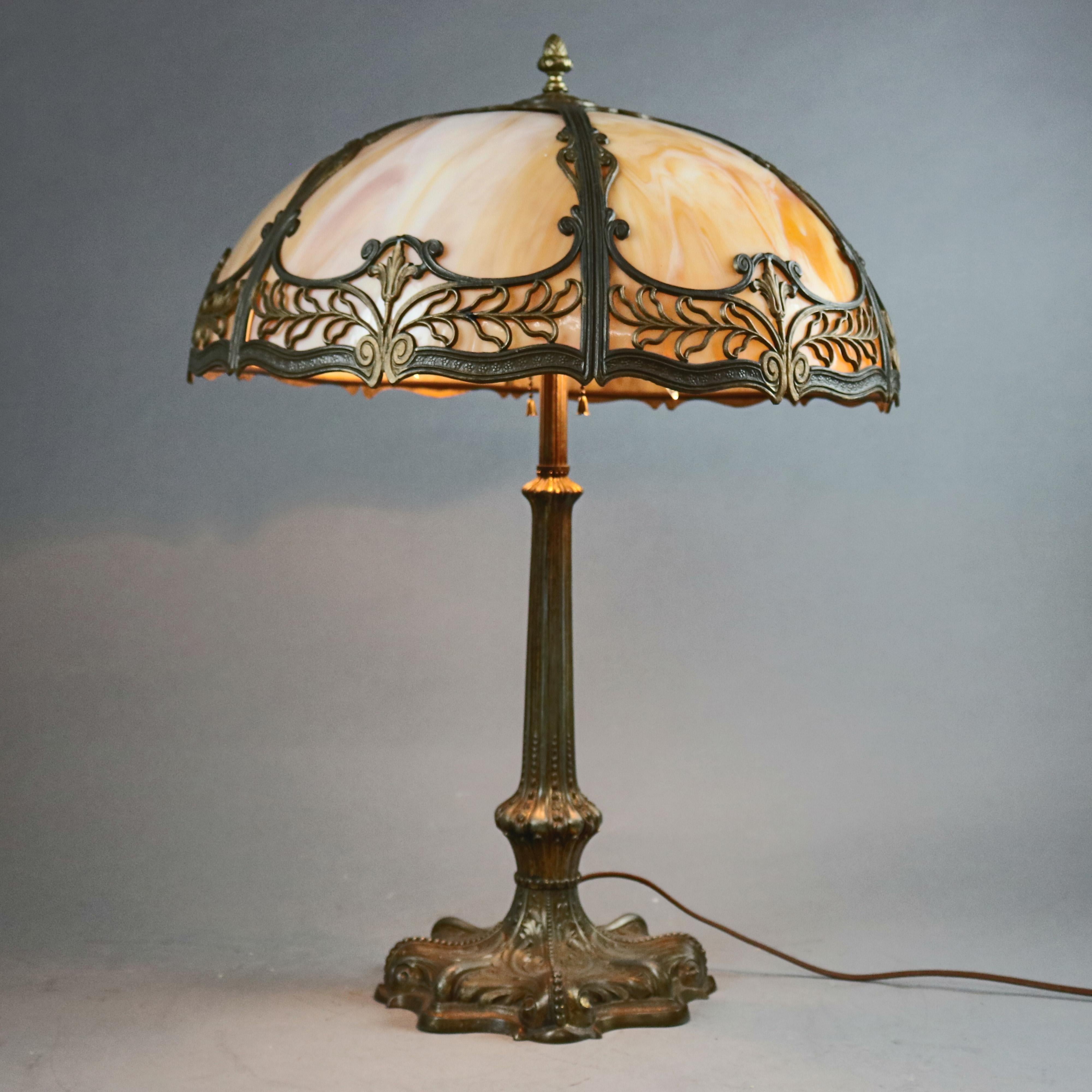 Antique Art Nouveau Bradley & Hubbard School Polychromed Slag Glass Lamp 5