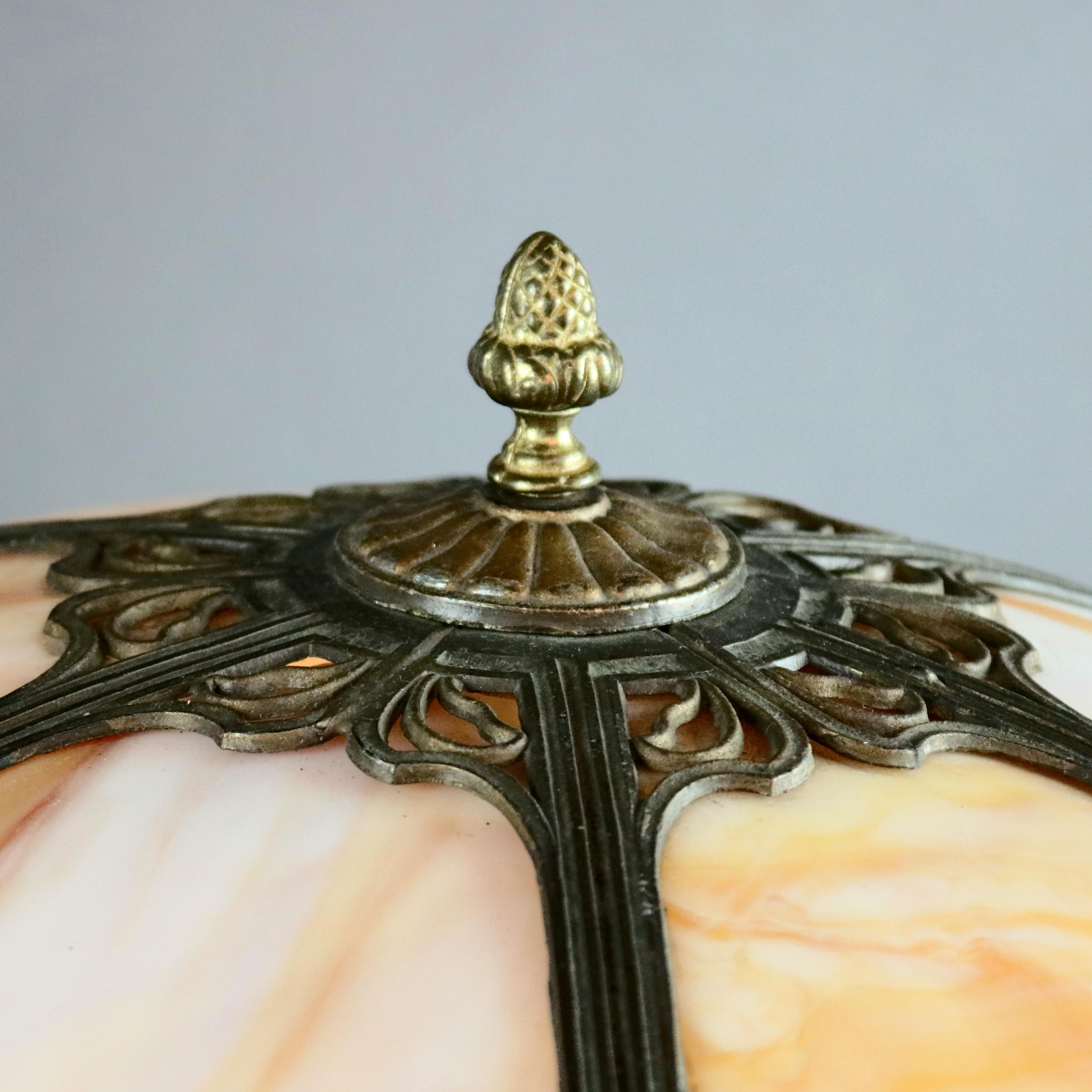 American Antique Art Nouveau Bradley & Hubbard School Polychromed Slag Glass Lamp