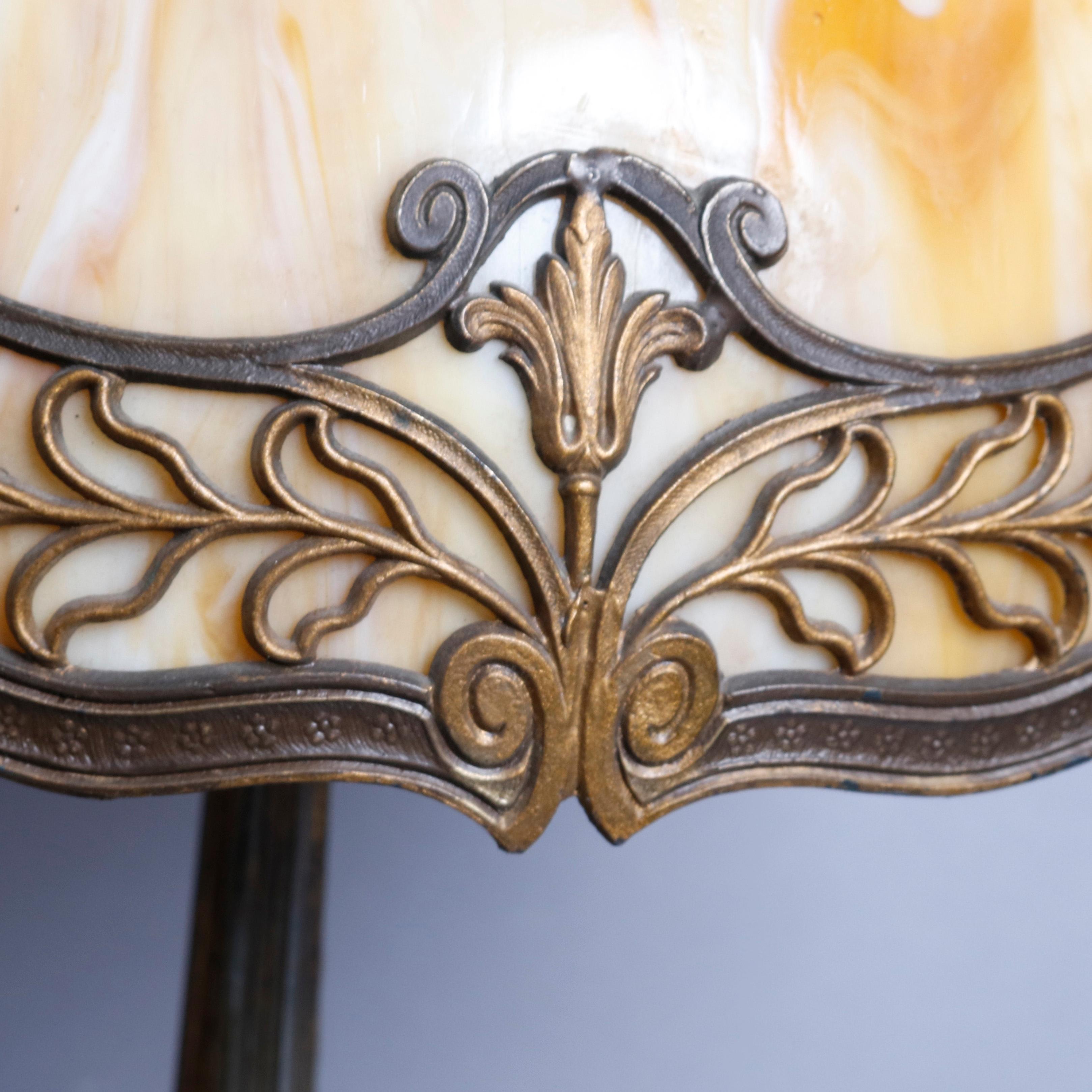 Cast Antique Art Nouveau Bradley & Hubbard School Polychromed Slag Glass Lamp