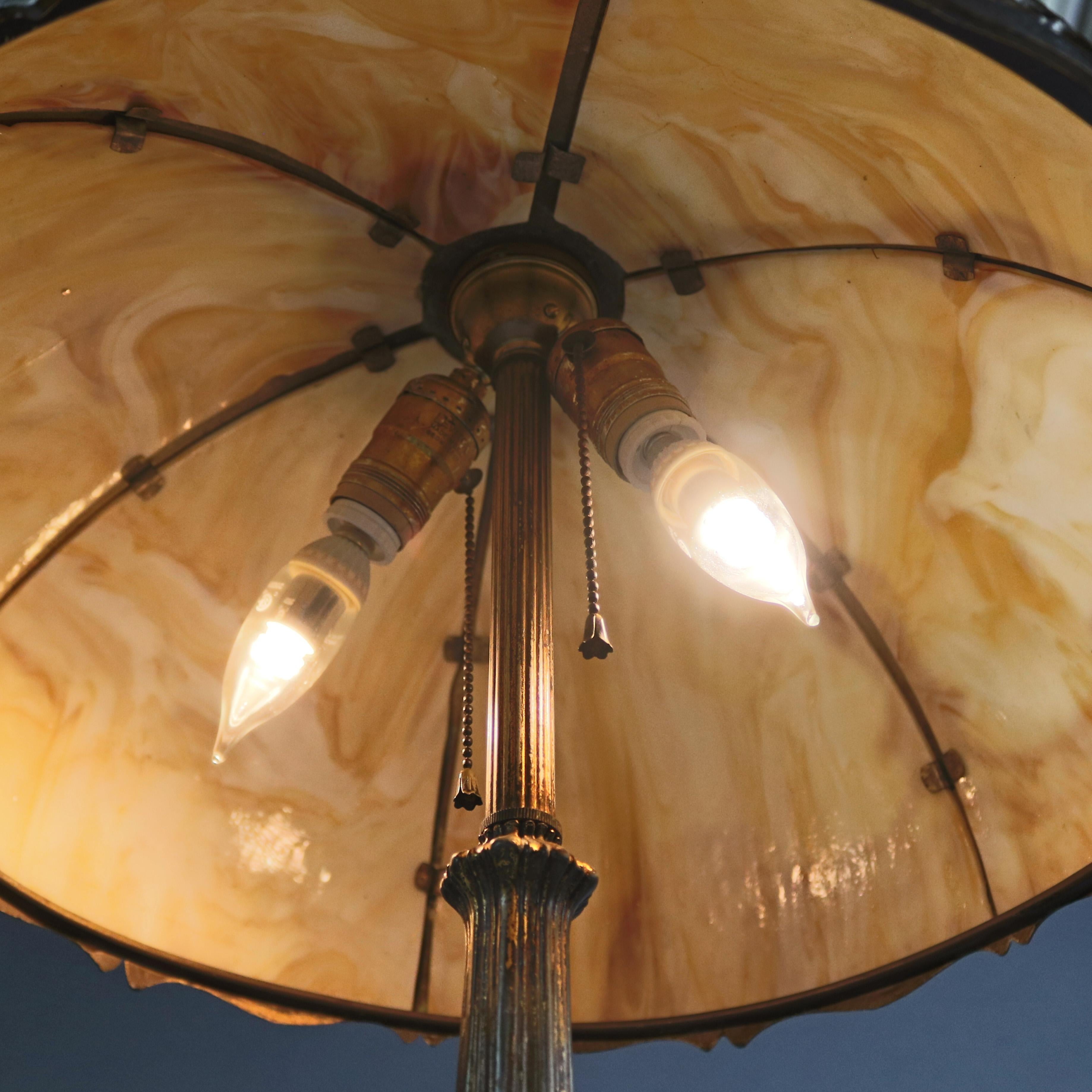 Antique Art Nouveau Bradley & Hubbard School Polychromed Slag Glass Lamp In Good Condition In Big Flats, NY
