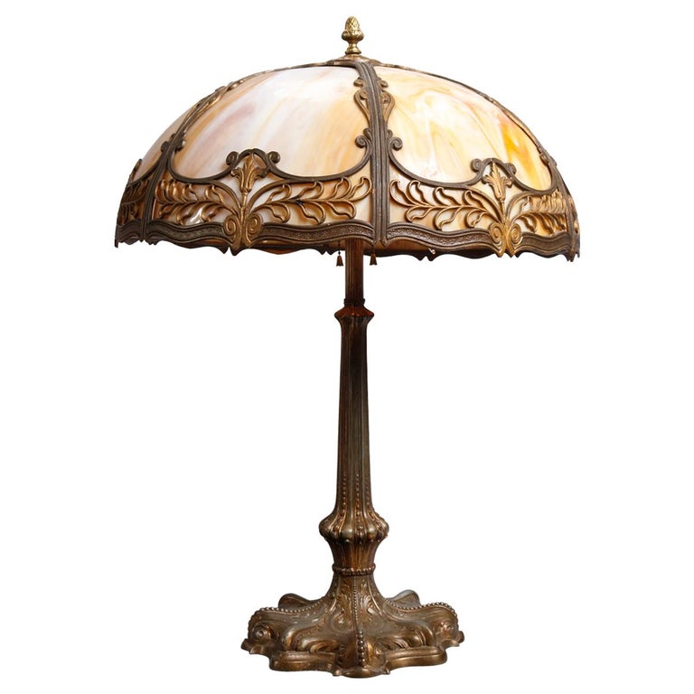 Antique Art Nouveau Bradley and Hubbard School Polychromed Slag Glass Lamp  at 1stDibs