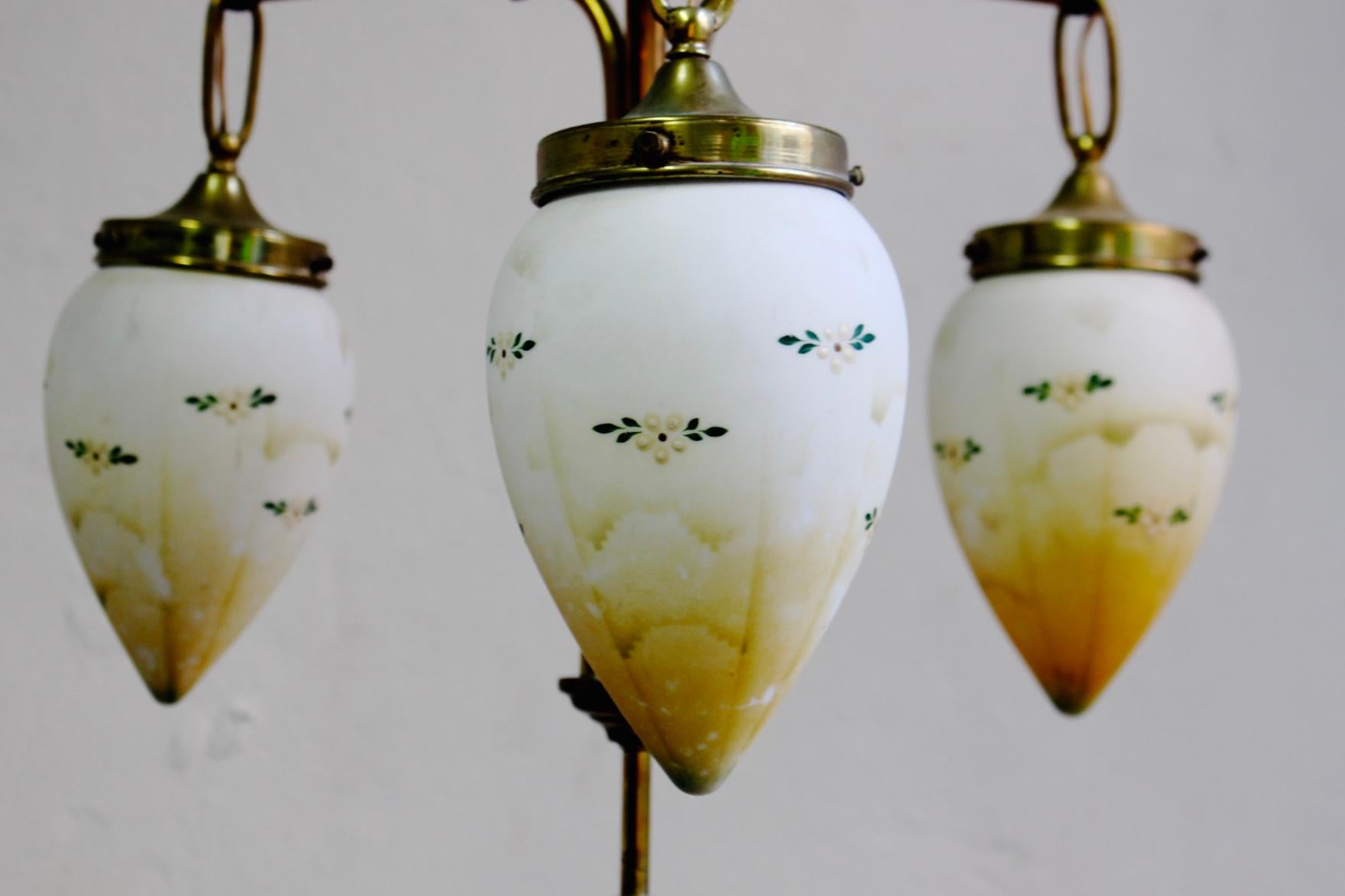 Antique Art Nouveau Brass Chandelier with Hand Painted Glass Shades For Sale 3