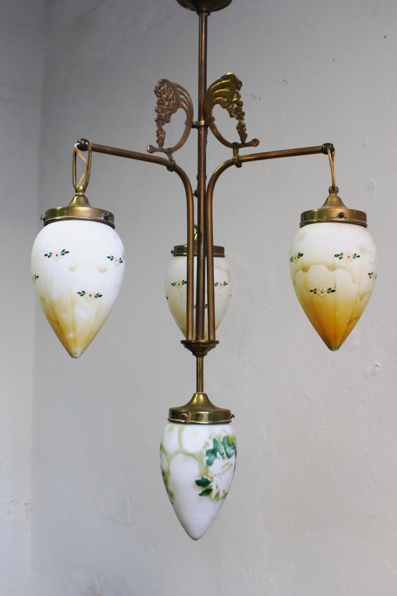 Spanish Antique Art Nouveau Brass Chandelier with Hand Painted Glass Shades For Sale