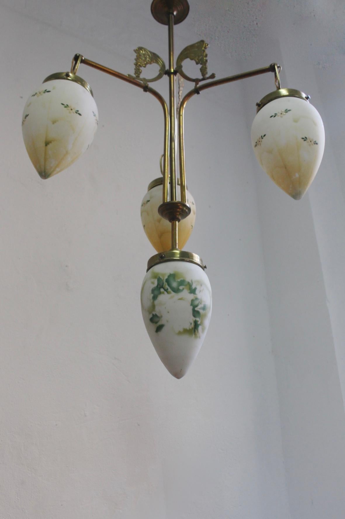 Hand-Painted Antique Art Nouveau Brass Chandelier with Hand Painted Glass Shades For Sale