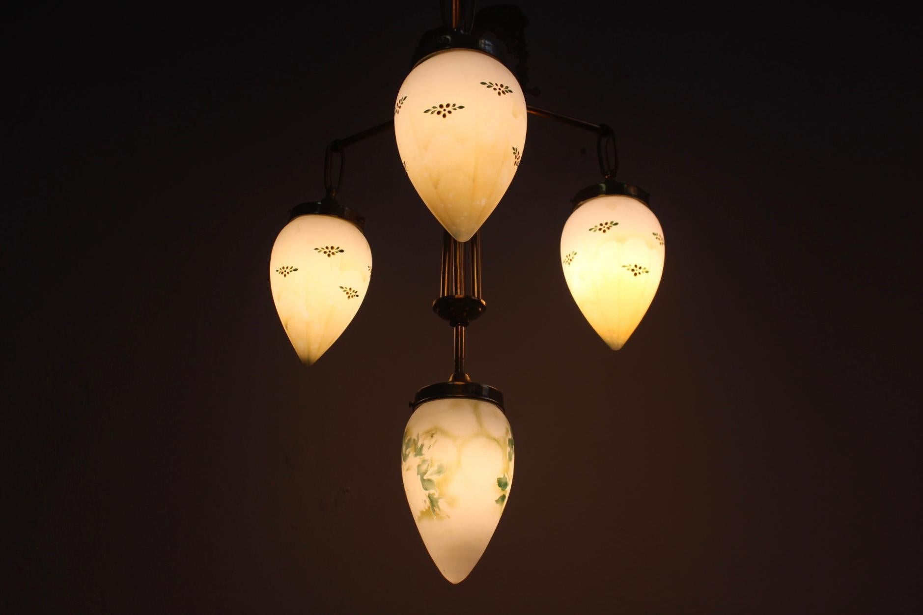 Milk Glass Antique Art Nouveau Brass Chandelier with Hand Painted Glass Shades For Sale