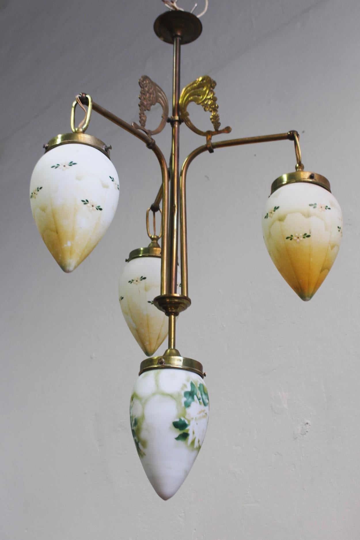 Antique Art Nouveau Brass Chandelier with Hand Painted Glass Shades (Milchglas) im Angebot