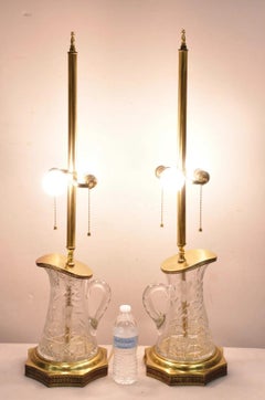 Antique Art Nouveau Brass & Cut Glass Water Pitcher Form Table Lamps - a Pair