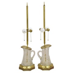 Antique Art Nouveau Brass & Cut Glass Water Pitcher Form Table Lamps - a Pair