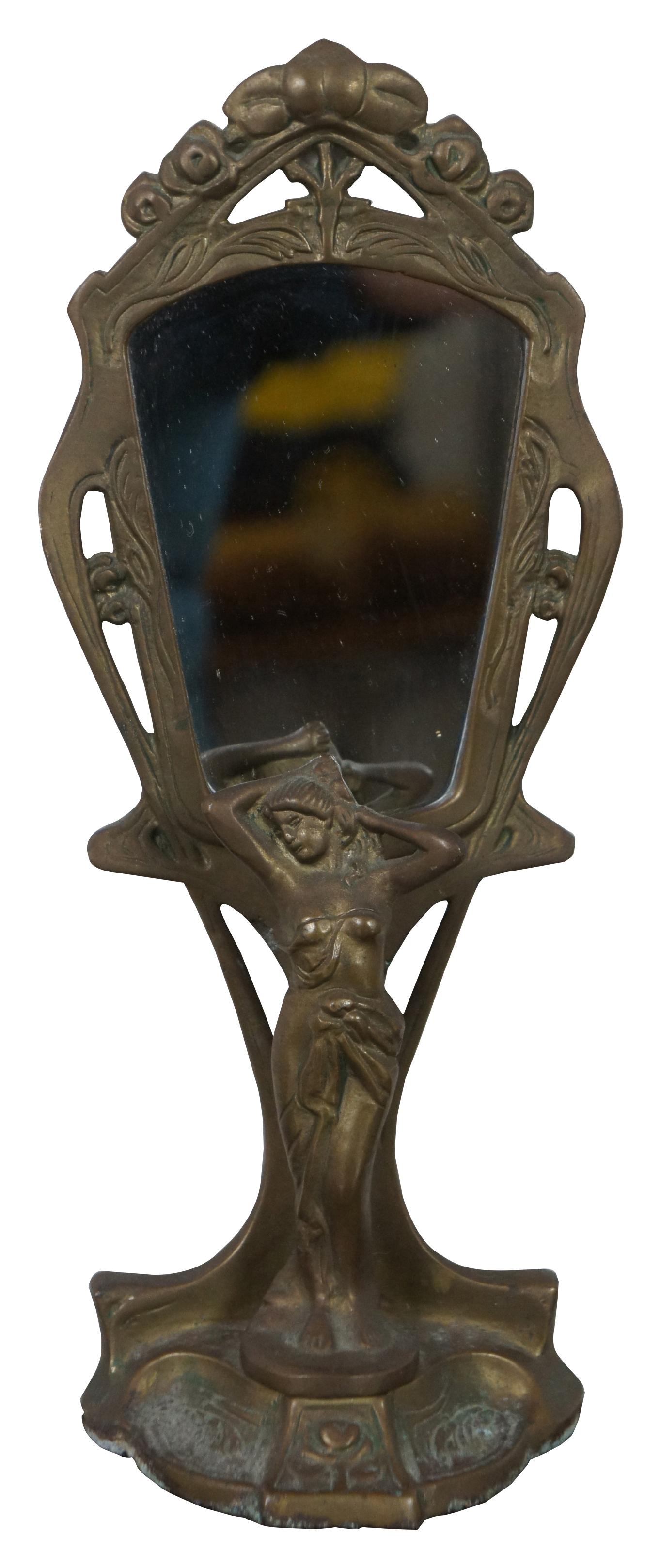 Antique Art Nouveau Brass Figural Maiden Table Top Vanity Shaving Mirror In Good Condition In Dayton, OH