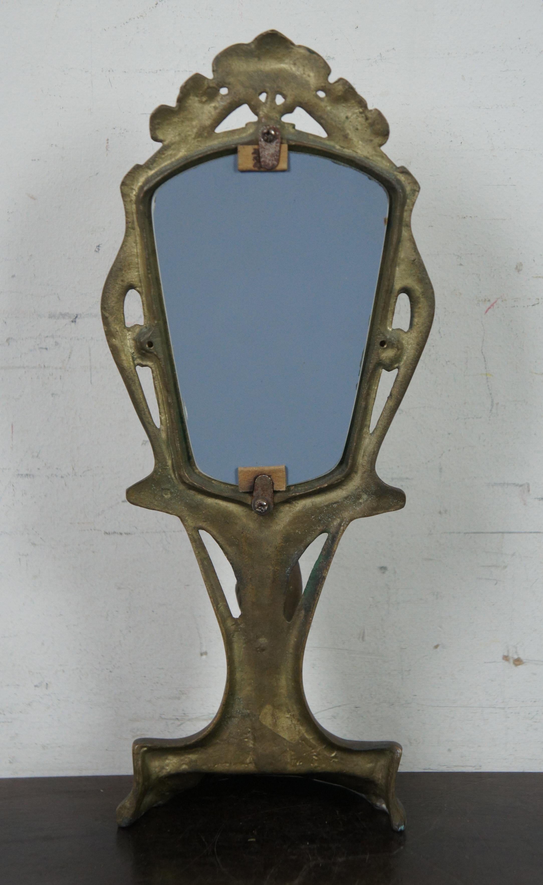 Antique Art Nouveau Brass Figural Maiden Table Top Vanity Shaving Mirror 1