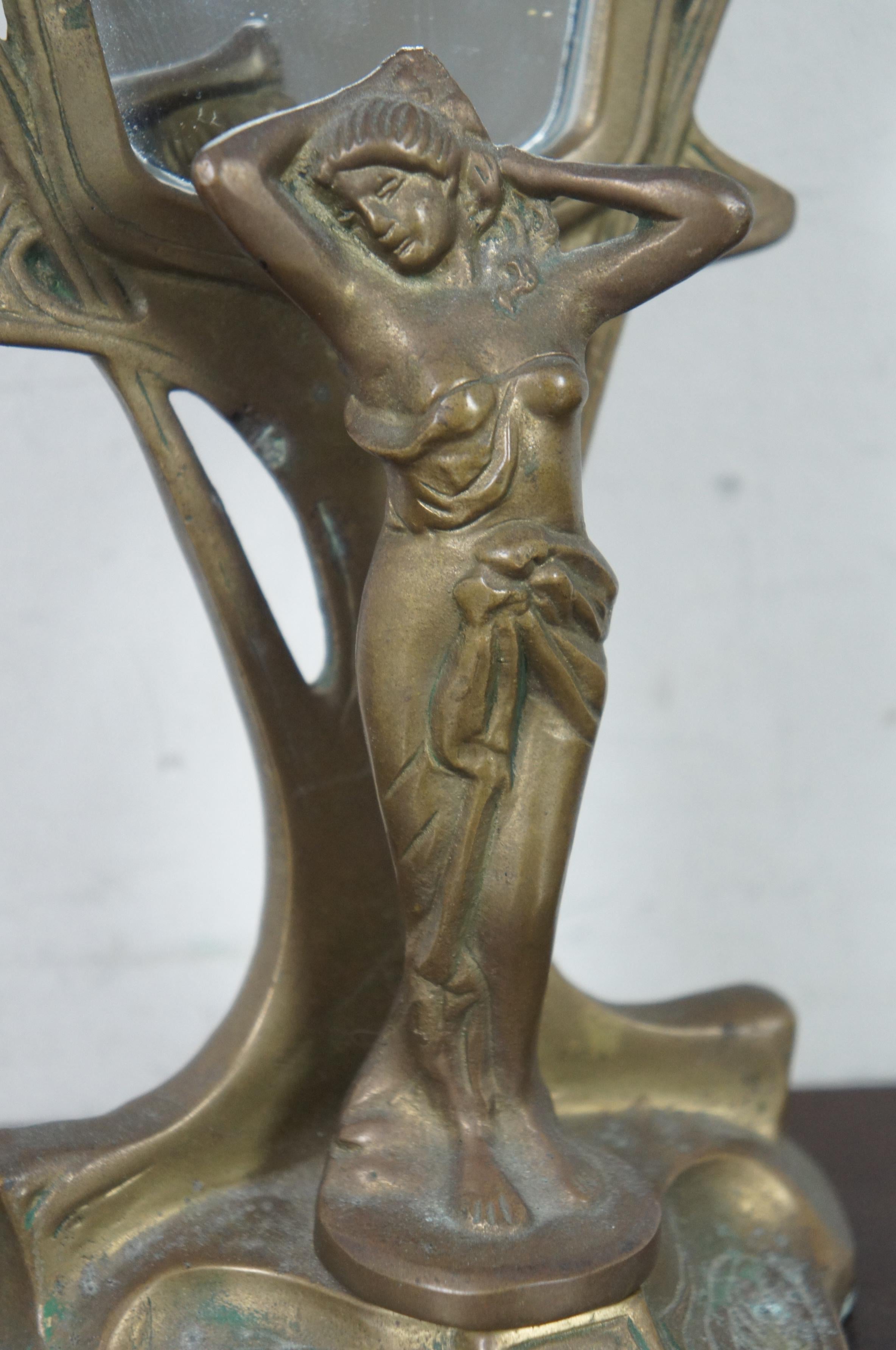 Antique Art Nouveau Brass Figural Maiden Table Top Vanity Shaving Mirror 2