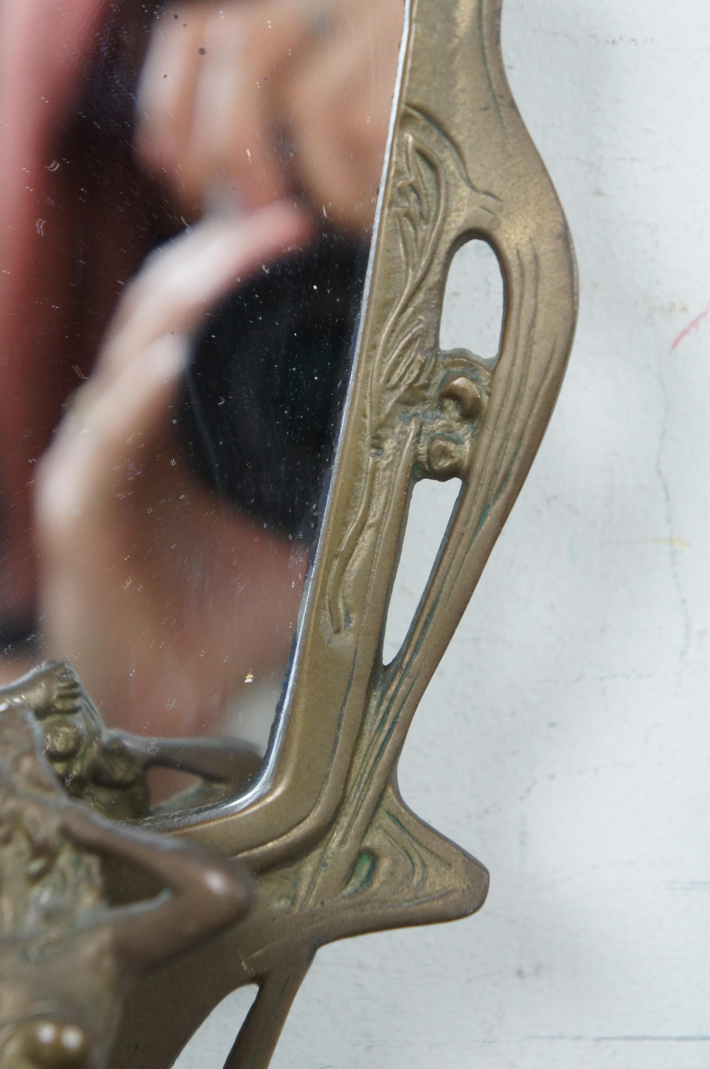 Antique Art Nouveau Brass Figural Maiden Table Top Vanity Shaving Mirror 5