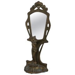Antique Art Nouveau Brass Figural Maiden Table Top Vanity Shaving Mirror