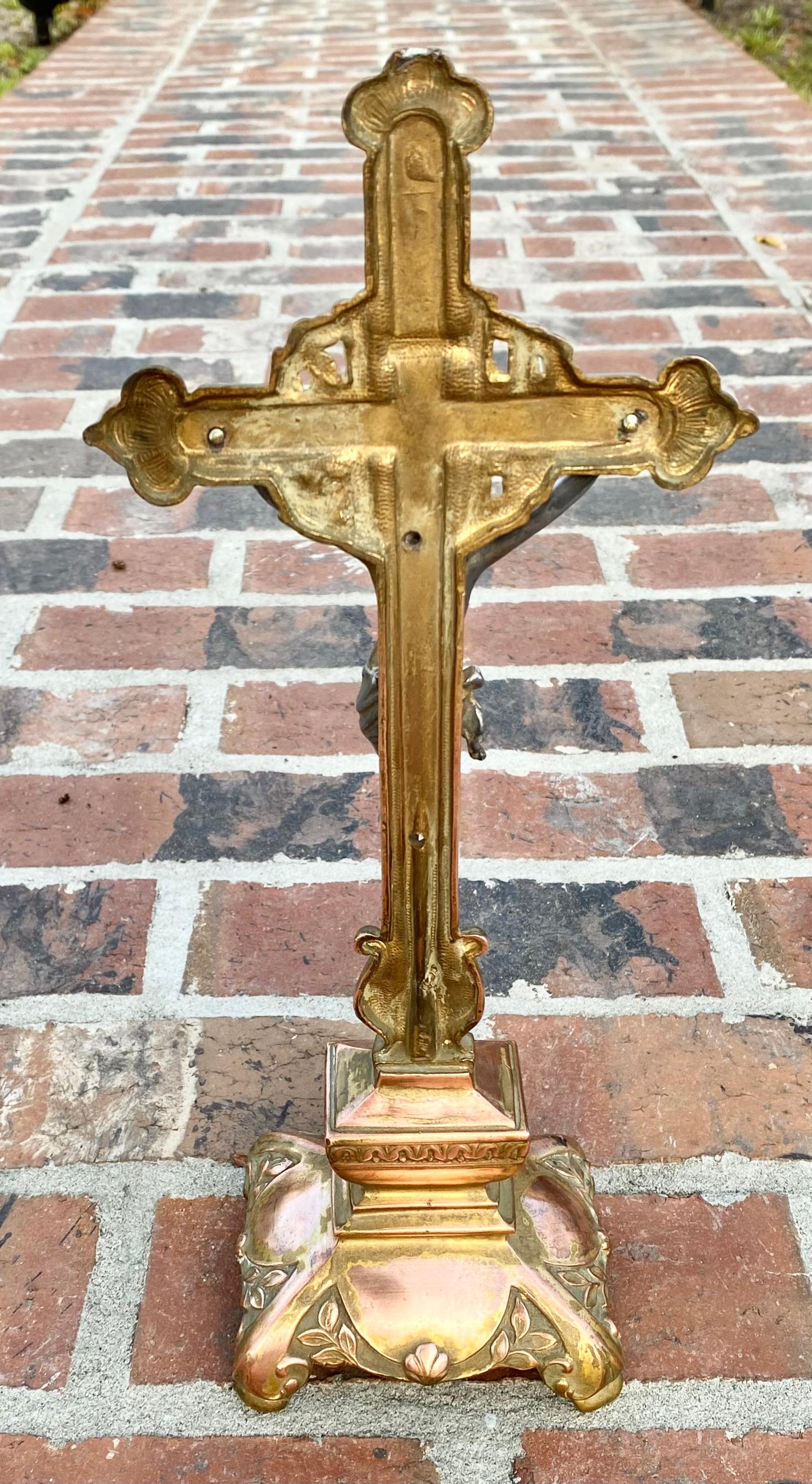 Antique French Art Nouveau copper and brass alter cross with silver tone Jesus and sacred heart. 