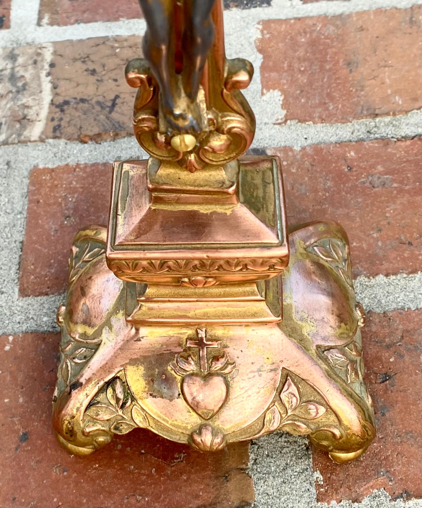 Gilt Antique French Art Nouveau Copper & Brass Cross Crucifix  For Sale