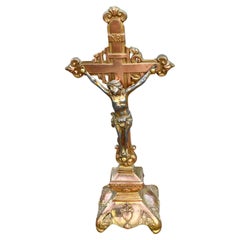 Antike Französisch Jugendstil Kupfer & Messing Kreuz Kruzifix 