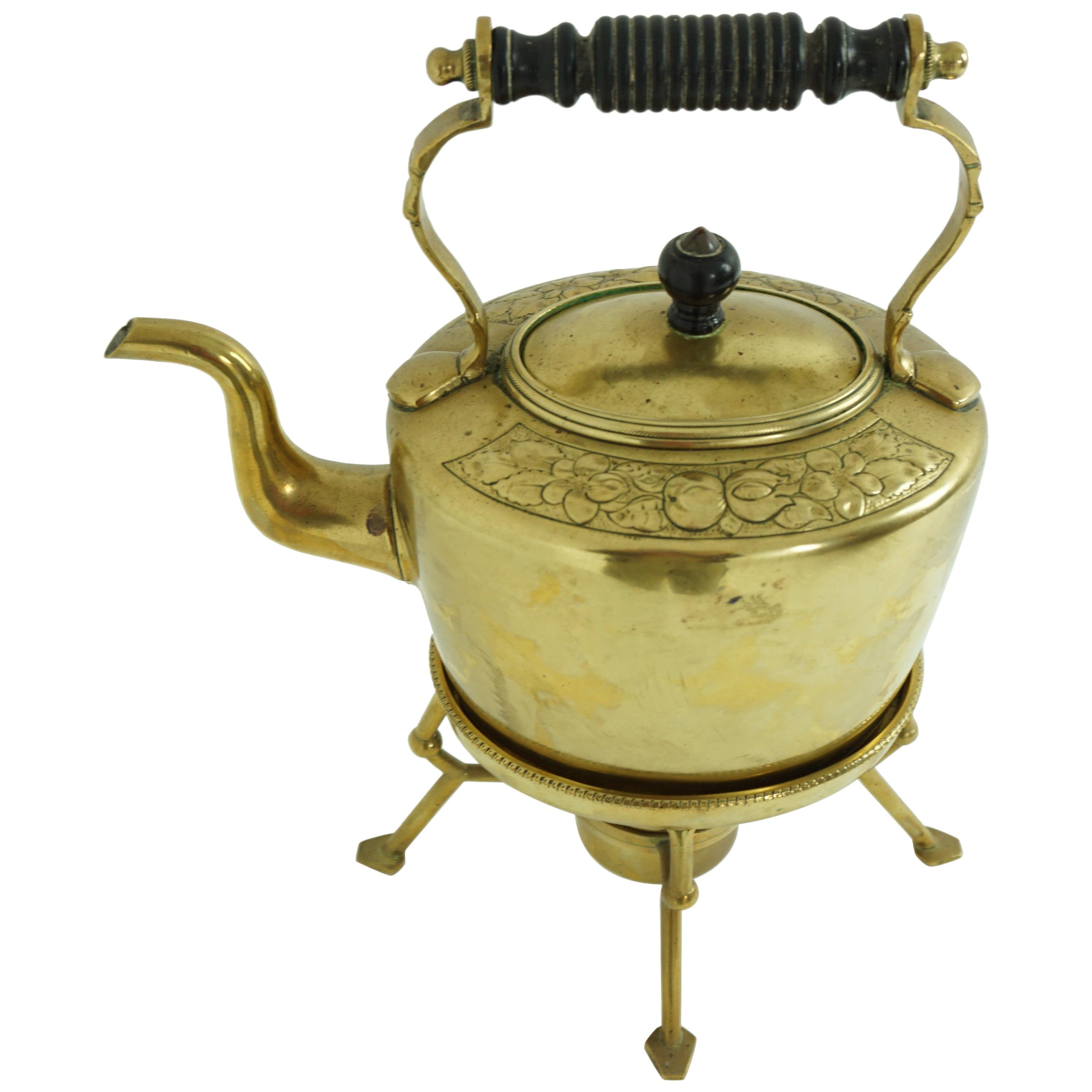 Antique Art Nouveau Brass Kettle on Stand With Burner, Scotland 1910 1954