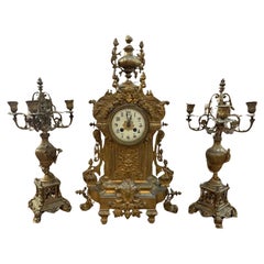 Antique Art Nouveau Brass Ornate Mantle Clock and 2 Candelabras - Garniture Set