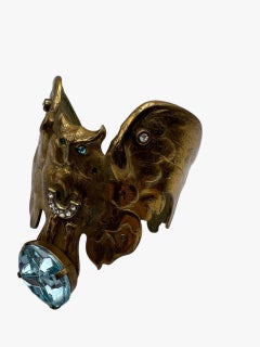 Antiker Jugendstil-Armreif aus Messing mit Eulenschliff und blauem Glas-Cabochon, 1910er Jahre