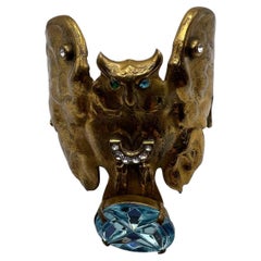 Antique Art Nouveau Brass Owl Bangle Bracelet with Blue glass Cabochon, 1910s