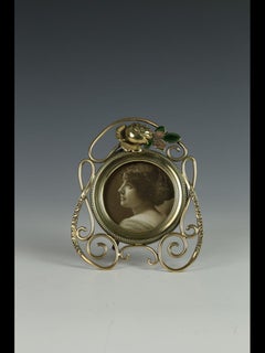 Antique Art Nouveau Brass Photo Frame, Rose & Enamel Design, 1920