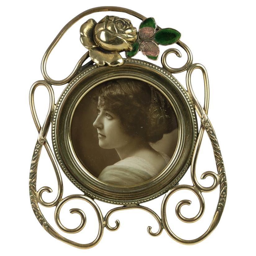 Antiker Jugendstil-Fotorahmen aus Messing mit Rosen- und Emaille-Design