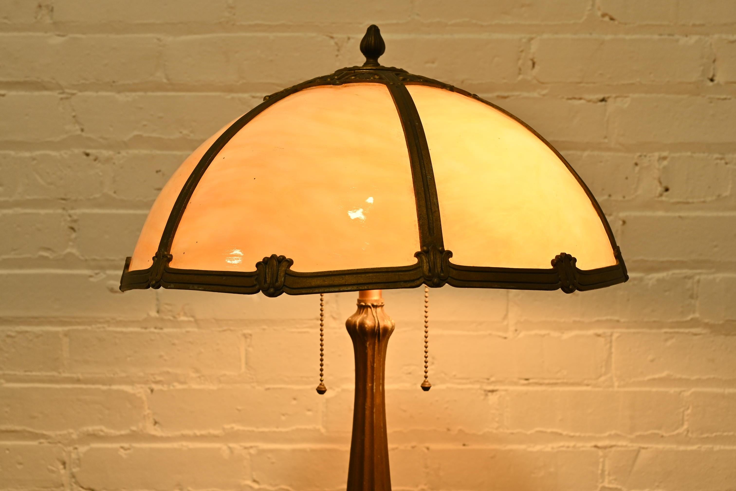 Antique Art Nouveau Bronze and Slag Glass Table Lamp in the Manner of Handel 5