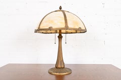 Antique Art Nouveau Bronze and Slag Glass Table Lamp in the Manner of Handel