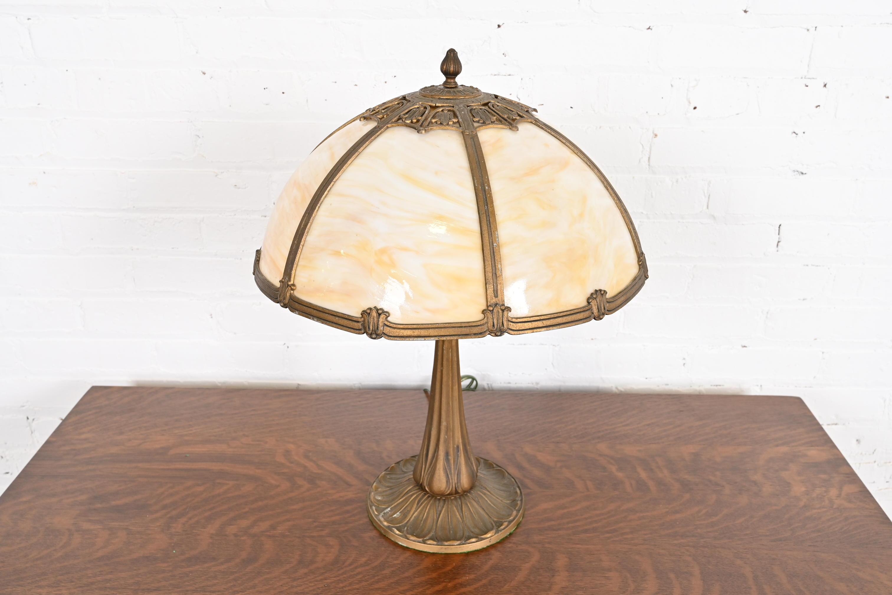 American Antique Art Nouveau Bronze and Slag Glass Table Lamp in the Manner of Handel