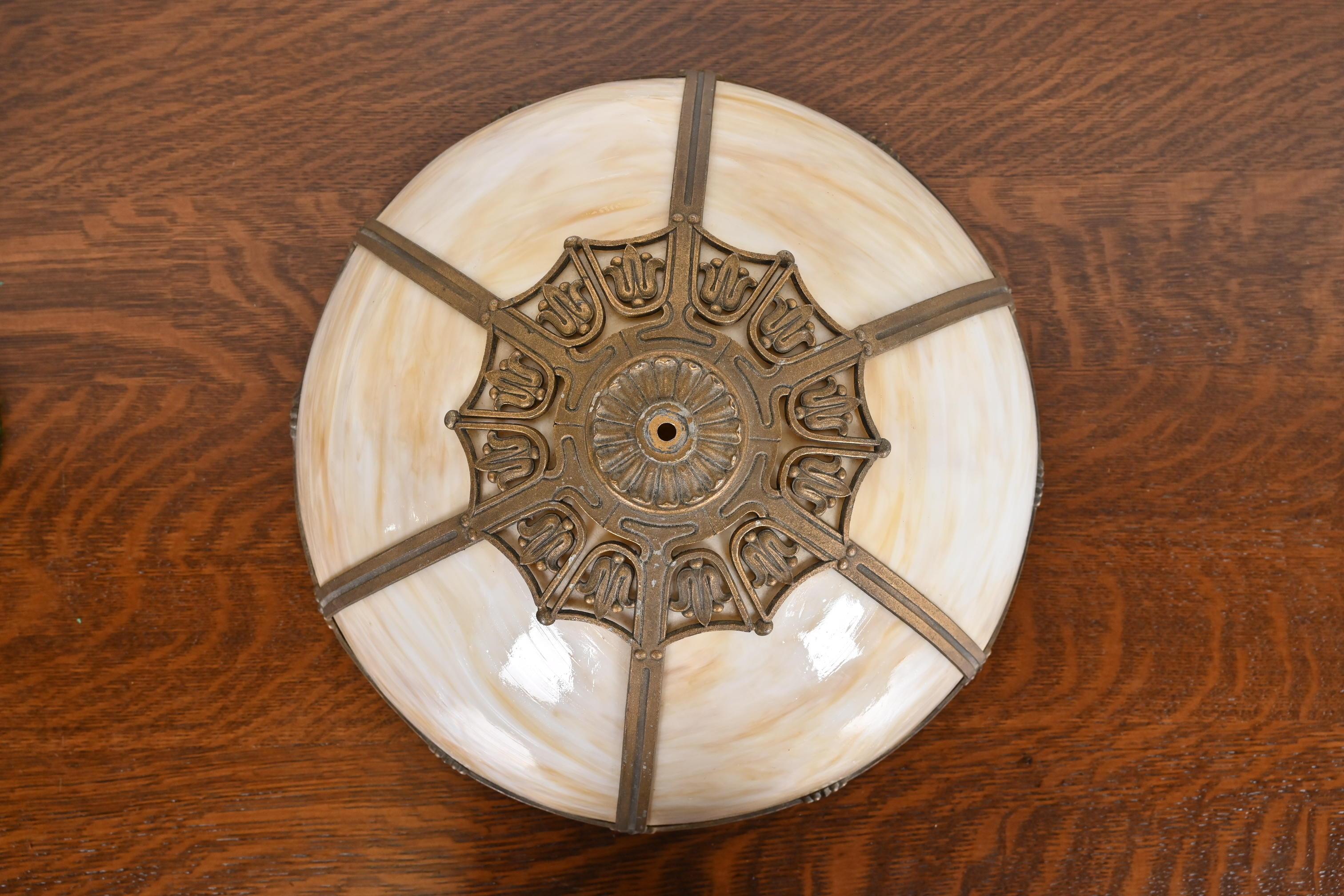 Antique Art Nouveau Bronze and Slag Glass Table Lamp in the Manner of Handel In Good Condition In South Bend, IN