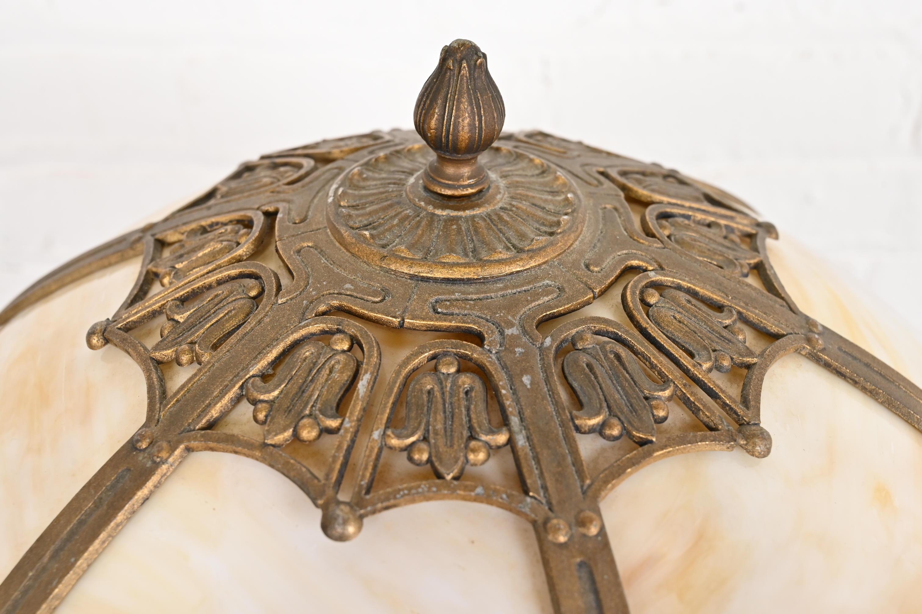 Antique Art Nouveau Bronze and Slag Glass Table Lamp in the Manner of Handel 1
